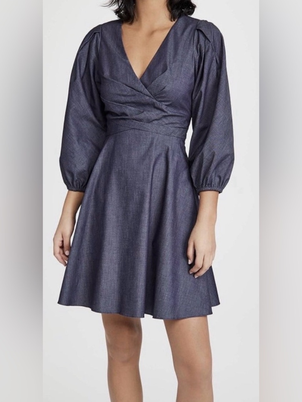 Shoshanna Chambray-Blue V-Neck Puff Sleeve Mini Dress